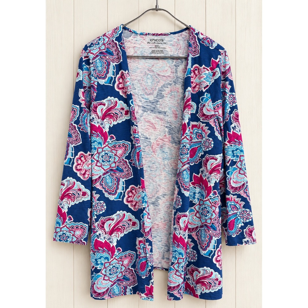 Chicos The Ultimate Tee Open Front Cardigan Size 2 Blue Pink Paisley Floral